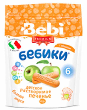 Печенье Bebi Premium &quot;Бебики&quot; с яблоком 125г с 6 мес. Печенье Bebi Premium "Бебики" с яблоком 125г с 6 мес. имеет приятный фруктовый вкус